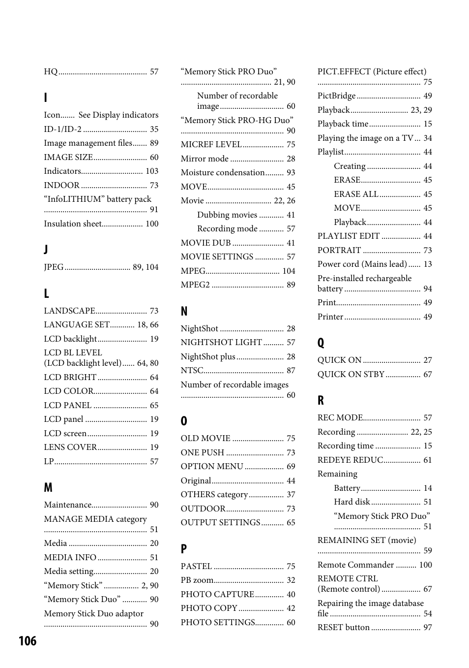 Sony DCR-SR46BDL User Manual | Page 106 / 108