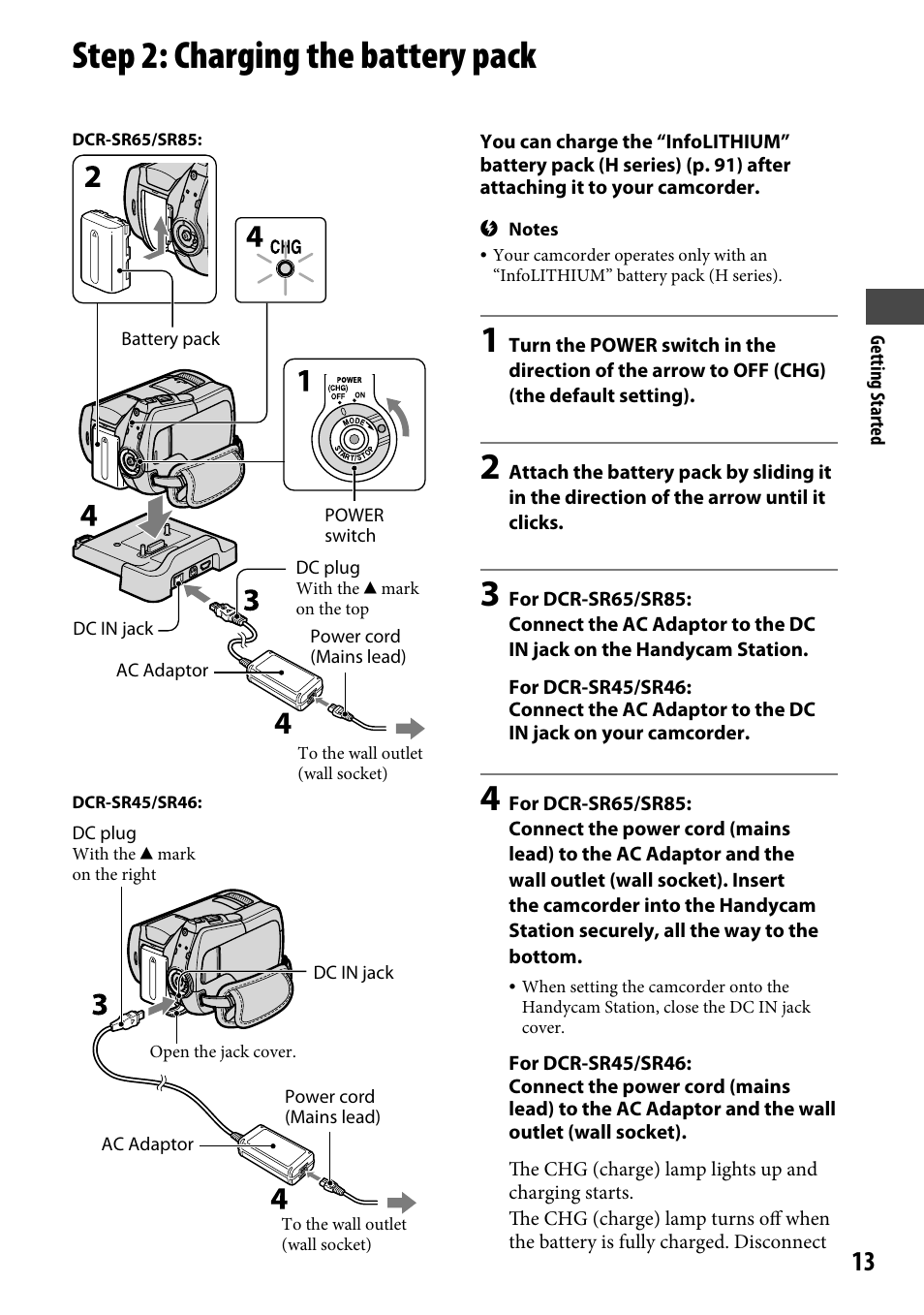 Step 2: charging the battery pack | Sony DCR-SR46BDL User Manual | Page 13 / 108