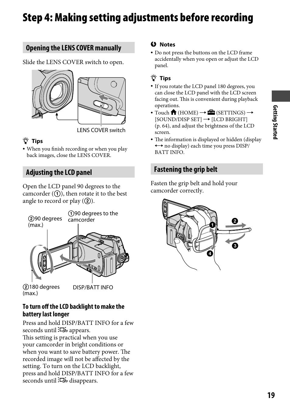 Opening the lens cover manually, Adjusting the lcd panel, Fastening the grip belt | Sony DCR-SR46BDL User Manual | Page 19 / 108
