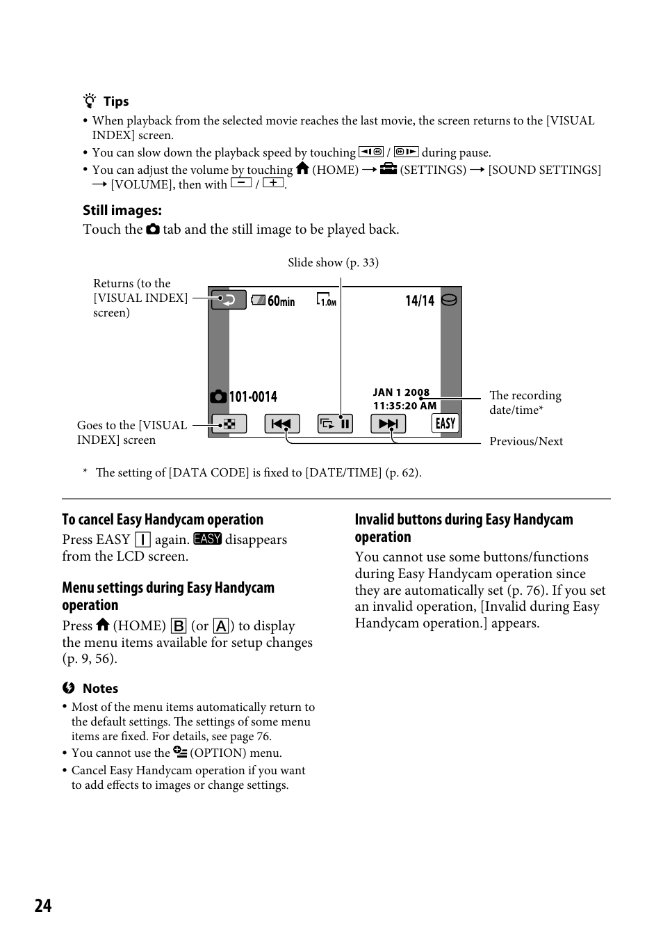 Menu settings during easy handycam operation, Invalid buttons during easy handycam operation | Sony DCR-SR46BDL User Manual | Page 24 / 108