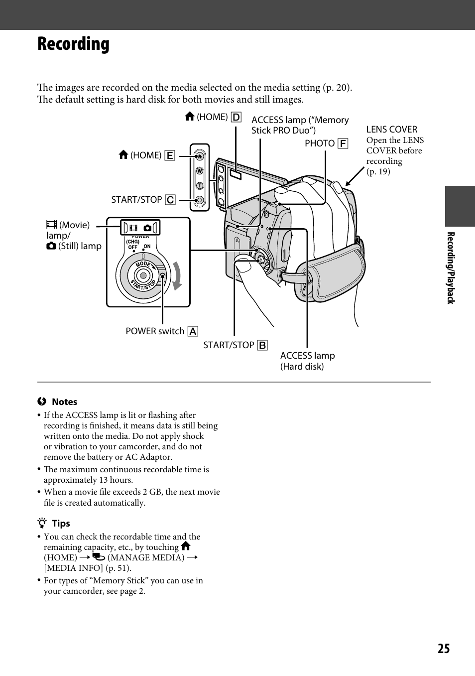 Recording | Sony DCR-SR46BDL User Manual | Page 25 / 108