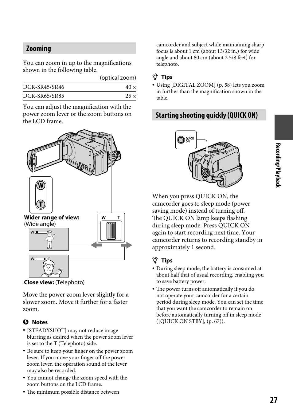 Zooming, Starting shooting quickly (quick on) | Sony DCR-SR46BDL User Manual | Page 27 / 108