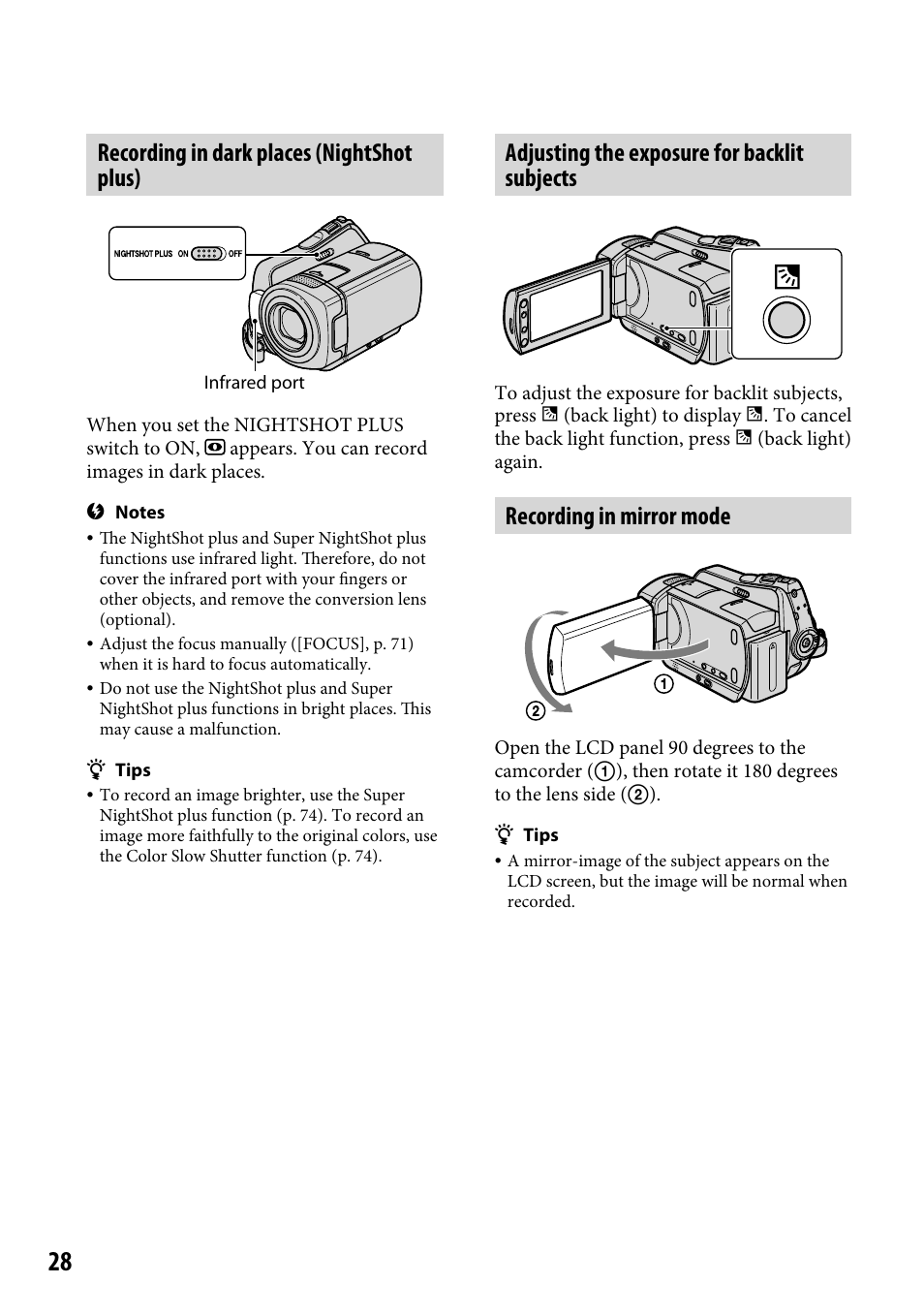 Recording in dark places (nightshot plus), Adjusting the exposure for backlit subjects, Recording in mirror mode | Sony DCR-SR46BDL User Manual | Page 28 / 108