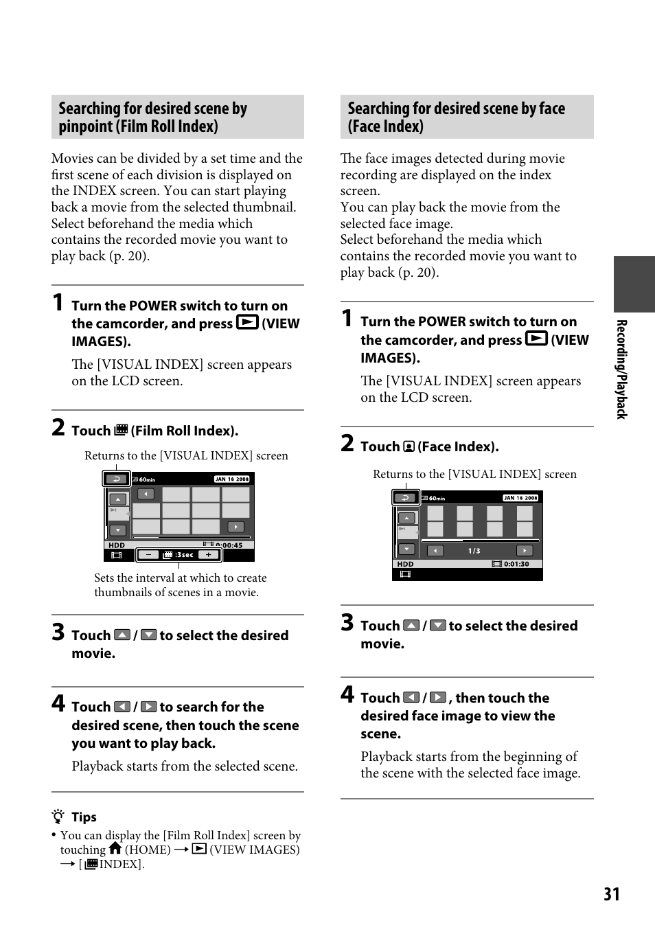 Searching for desired scene by face (face index) | Sony DCR-SR46BDL User Manual | Page 31 / 108