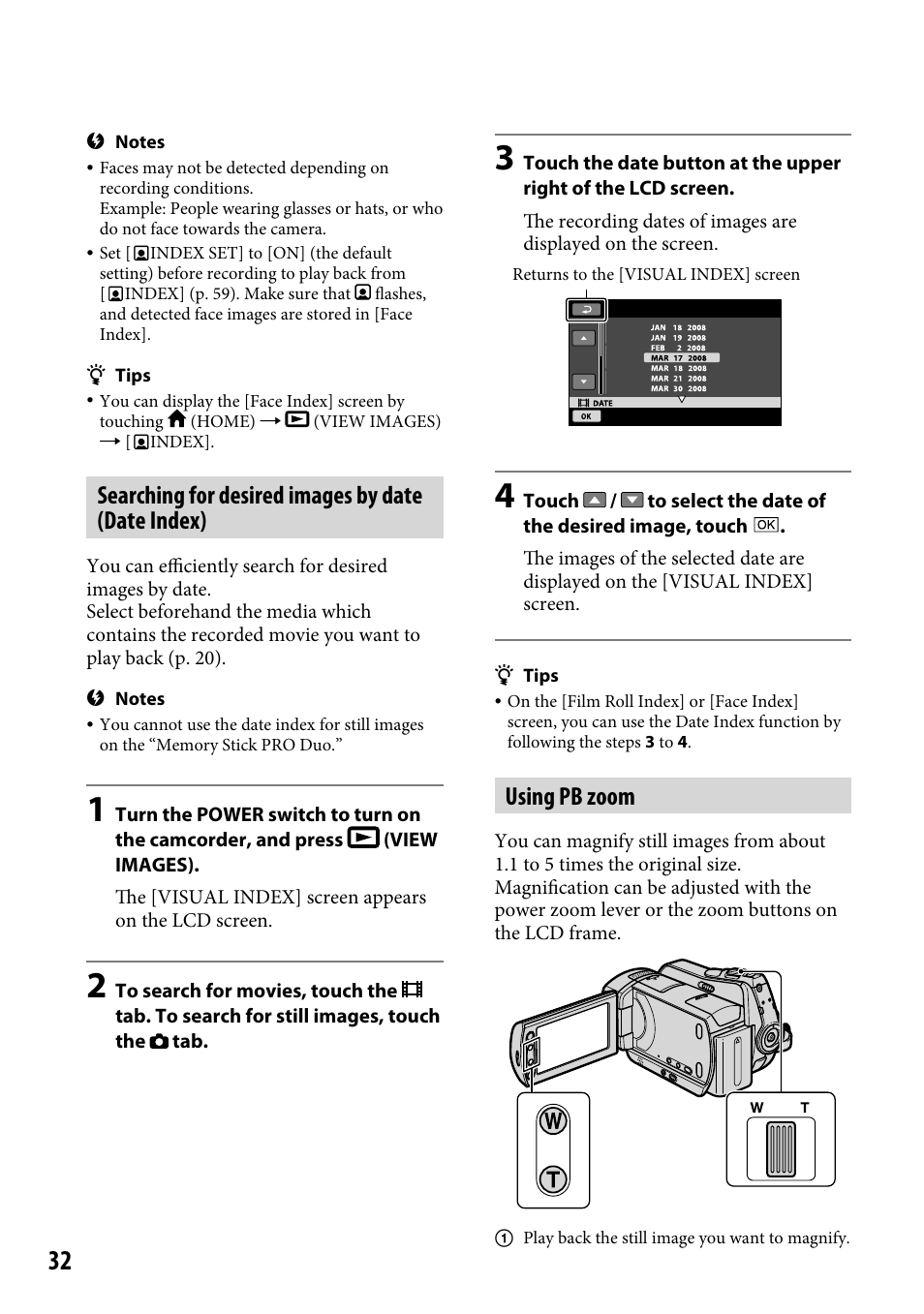 Searching for desired images by date (date index), Using pb zoom | Sony DCR-SR46BDL User Manual | Page 32 / 108