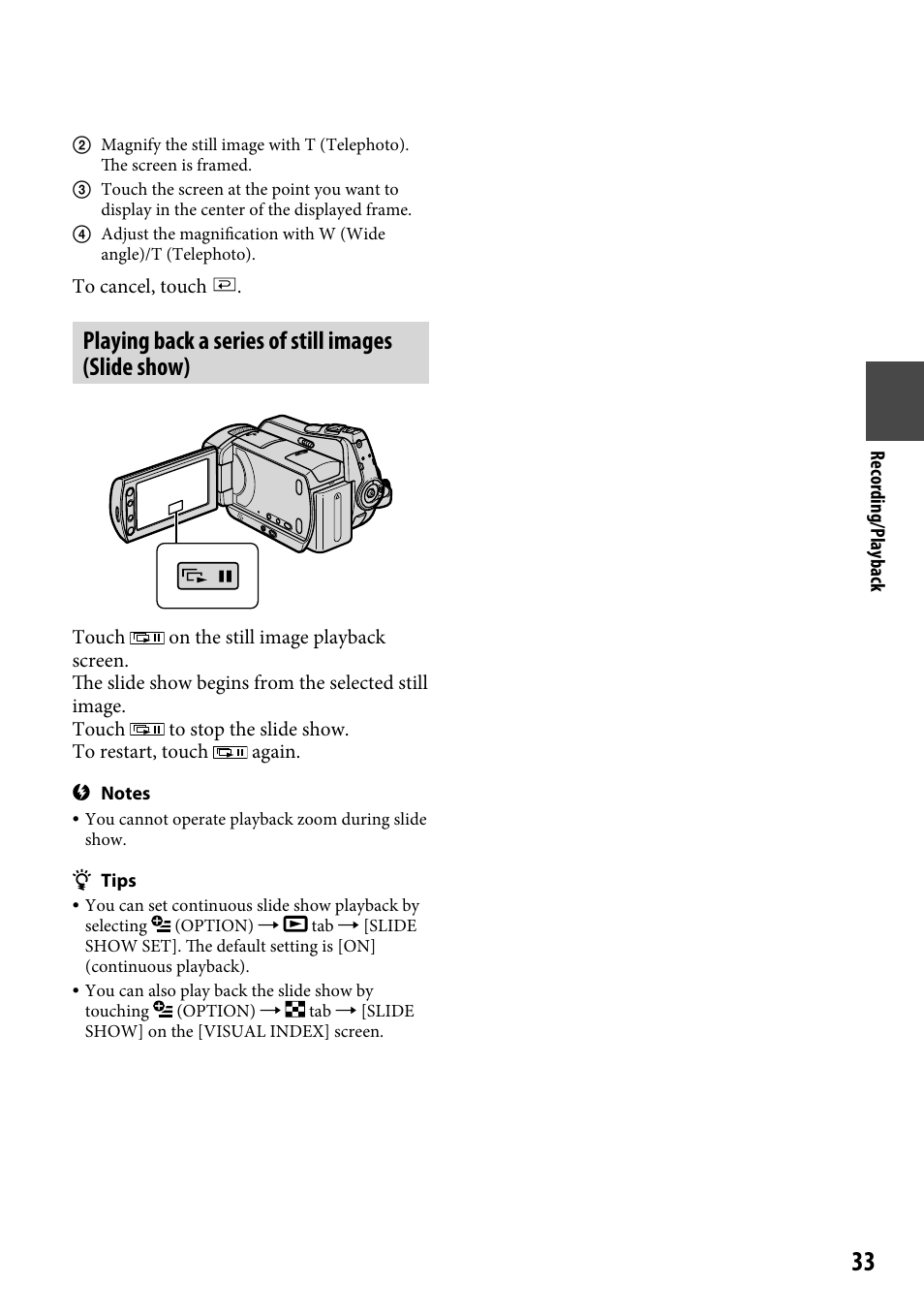 Playing back a series of still images (slide show) | Sony DCR-SR46BDL User Manual | Page 33 / 108