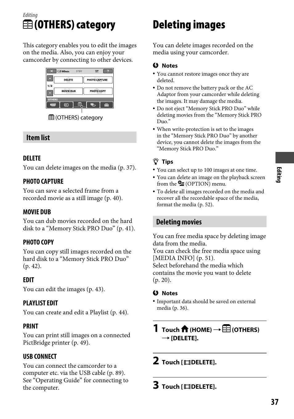 Editing, Others) category, Deleting images | Item list, Deleting movies | Sony DCR-SR46BDL User Manual | Page 37 / 108