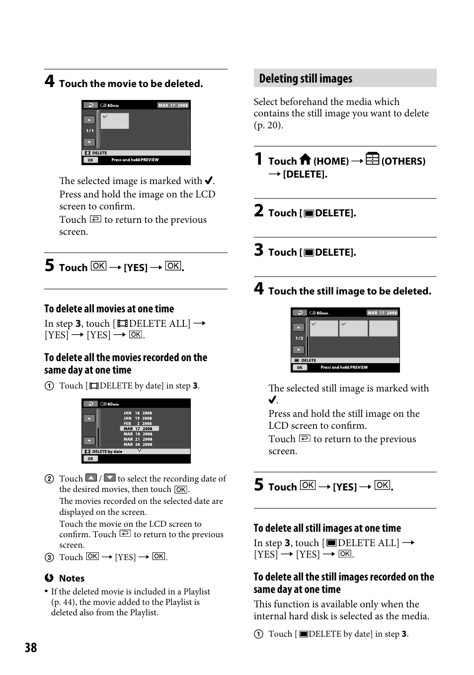 Deleting still images | Sony DCR-SR46BDL User Manual | Page 38 / 108