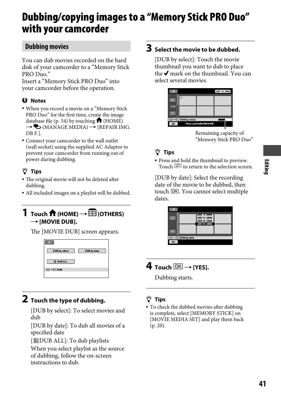 Dubbing movies | Sony DCR-SR46BDL User Manual | Page 41 / 108