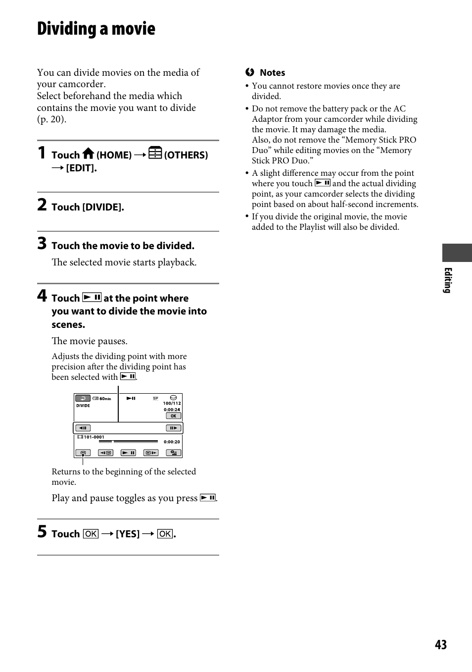 Dividing a movie | Sony DCR-SR46BDL User Manual | Page 43 / 108