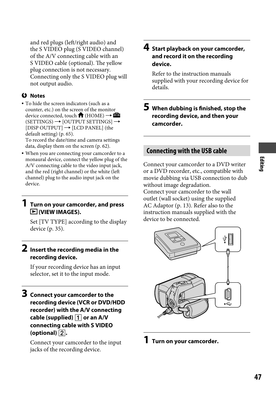Connecting with the usb cable | Sony DCR-SR46BDL User Manual | Page 47 / 108