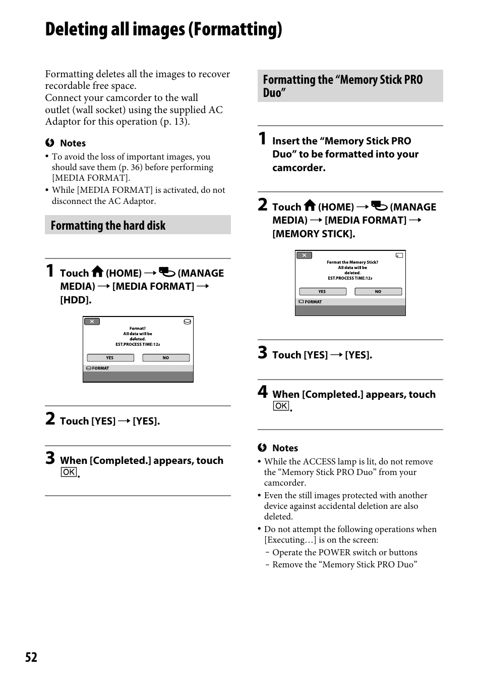 Deleting all images (formatting), Formatting the hard disk | Sony DCR-SR46BDL User Manual | Page 52 / 108