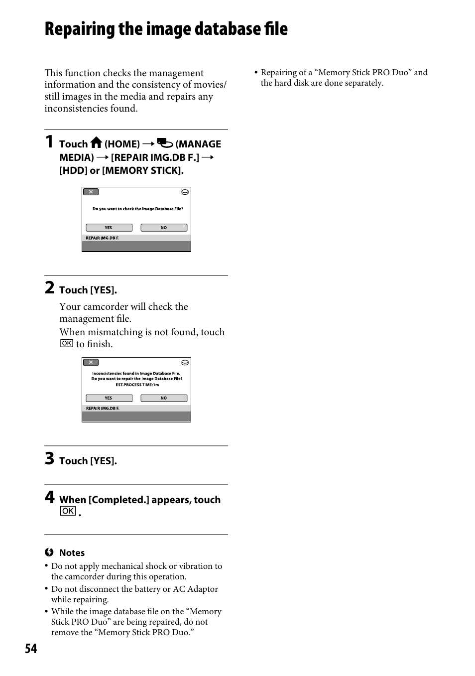 Repairing the image database file | Sony DCR-SR46BDL User Manual | Page 54 / 108