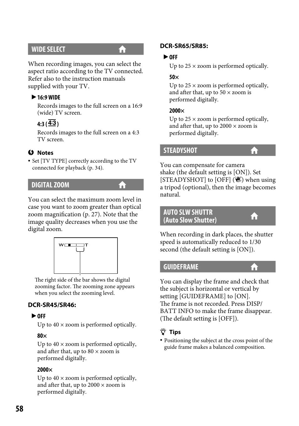 Wide select, Digital zoom, Steadyshot | Auto slw shuttr (auto slow shutter), Guideframe | Sony DCR-SR46BDL User Manual | Page 58 / 108
