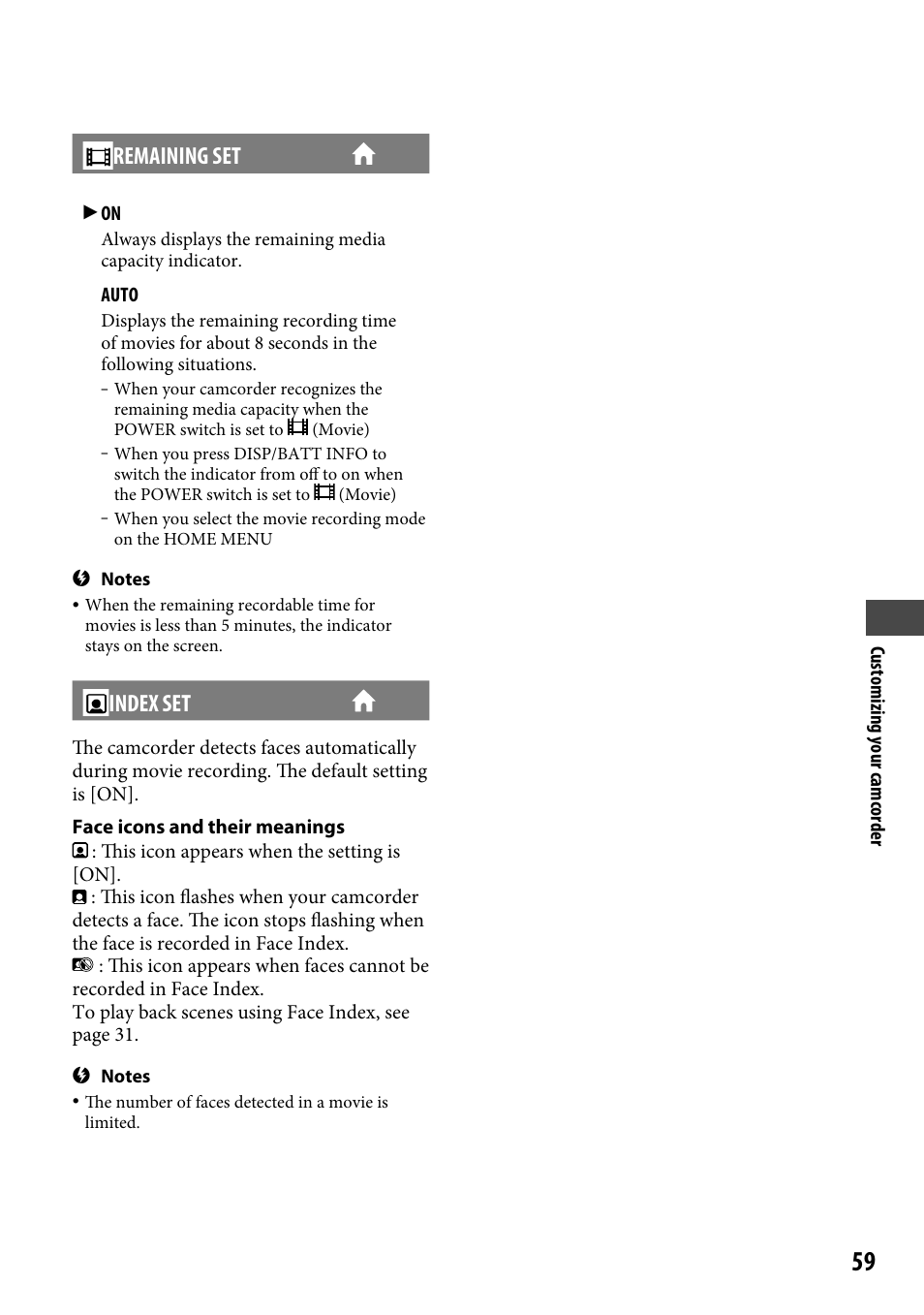 Remaining set, Index set | Sony DCR-SR46BDL User Manual | Page 59 / 108