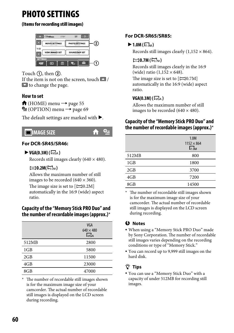 Photo settings (items for recording still images), Photo settings, Image size | Sony DCR-SR46BDL User Manual | Page 60 / 108