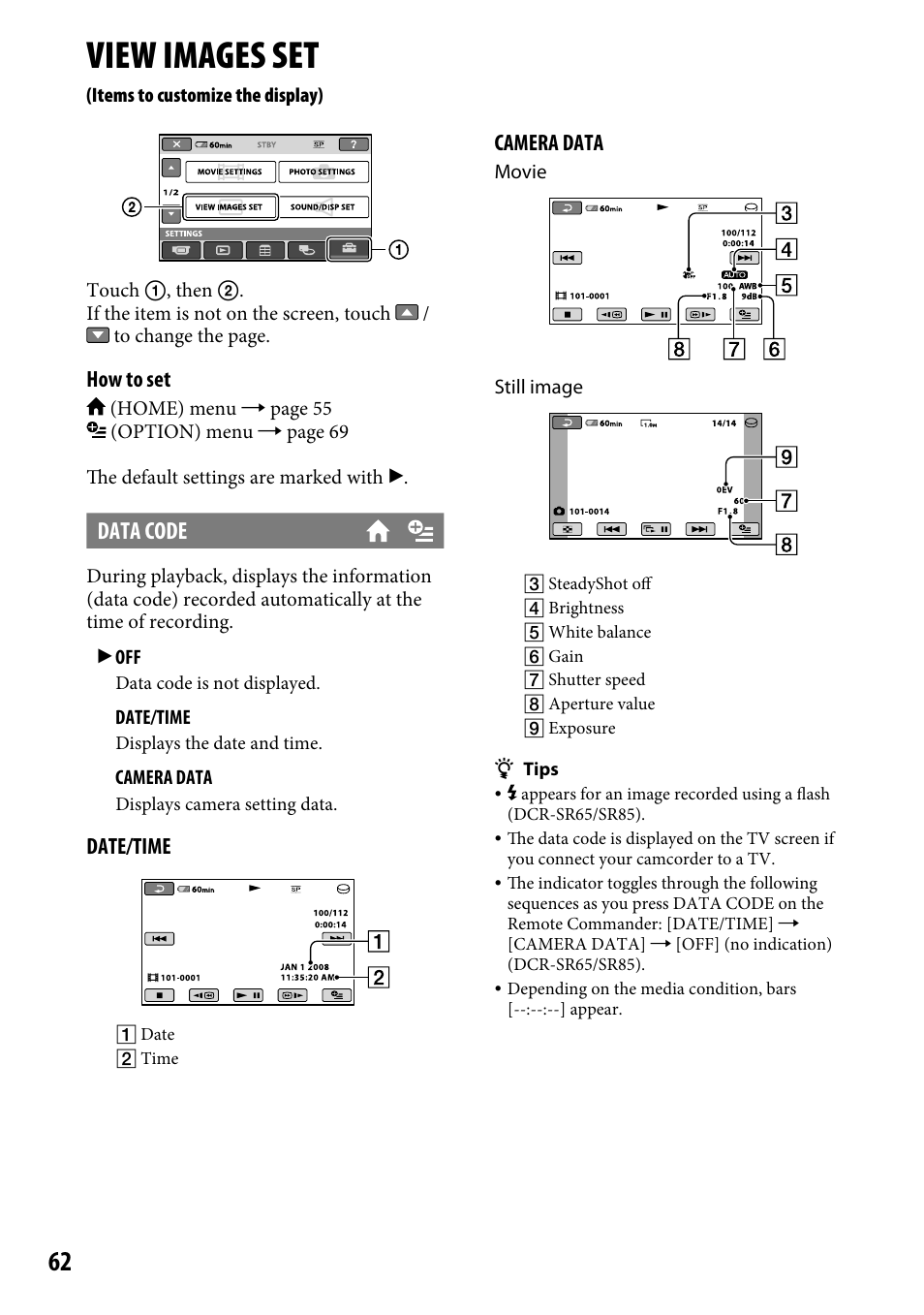 View images set (items to customize the display), View images set, Data code | Sony DCR-SR46BDL User Manual | Page 62 / 108