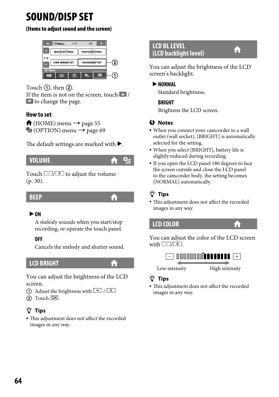 Sound/disp set, Volume, Beep | Lcd bright, Lcd bl level (lcd backlight level), Lcd color | Sony DCR-SR46BDL User Manual | Page 64 / 108