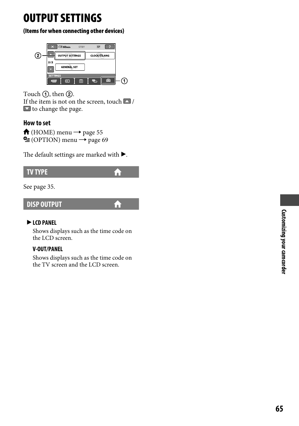 Output settings | Sony DCR-SR46BDL User Manual | Page 65 / 108