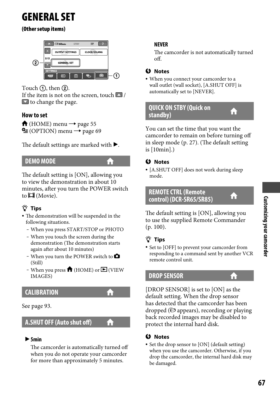 General set (other setup items), General set, Demo mode | Calibration, A.shut off (auto shut off), Quick on stby (quick on standby), Remote ctrl (remote control) (dcr-sr65/sr85), Drop sensor | Sony DCR-SR46BDL User Manual | Page 67 / 108