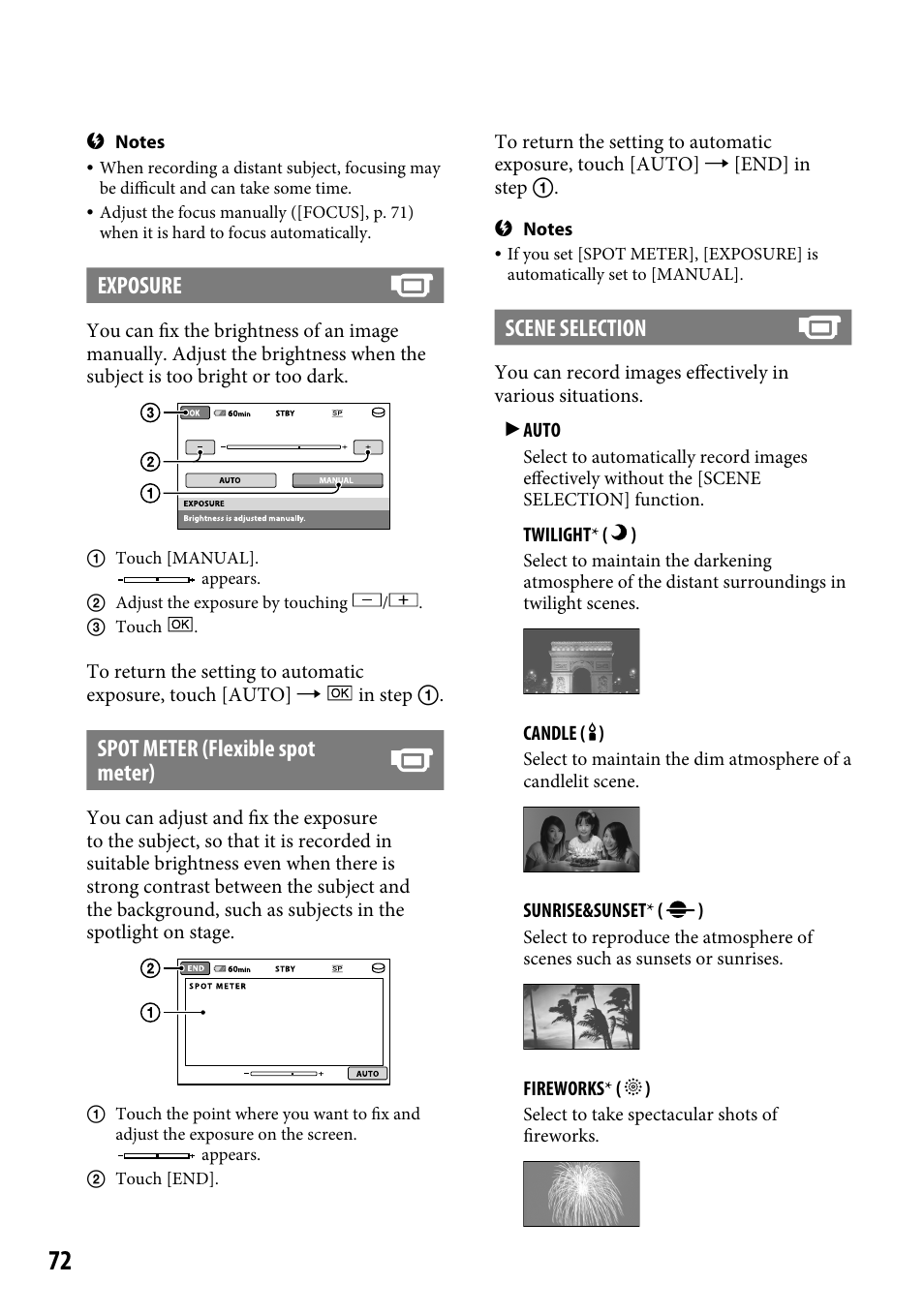 Exposure, Spot meter (flexible spot meter), Scene selection | Sony DCR-SR46BDL User Manual | Page 72 / 108