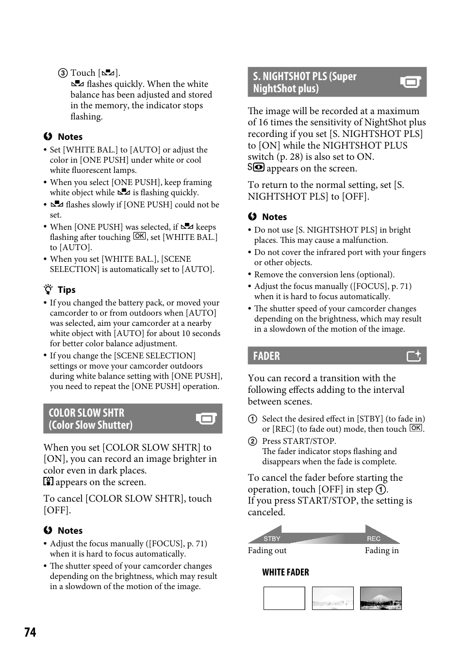 Color slow shtr (color slow shutter), S. nightshot pls (super nightshot plus), Fader | Sony DCR-SR46BDL User Manual | Page 74 / 108