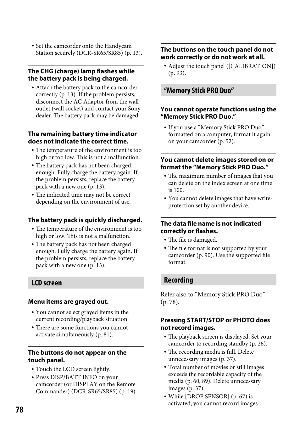 Lcd screen, Recording | Sony DCR-SR46BDL User Manual | Page 78 / 108