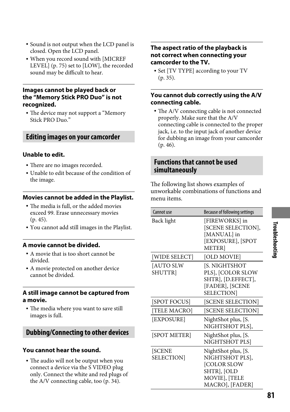Editing images on your camcorder, Dubbing/connecting to other devices, Functions that cannot be used simultaneously | Sony DCR-SR46BDL User Manual | Page 81 / 108