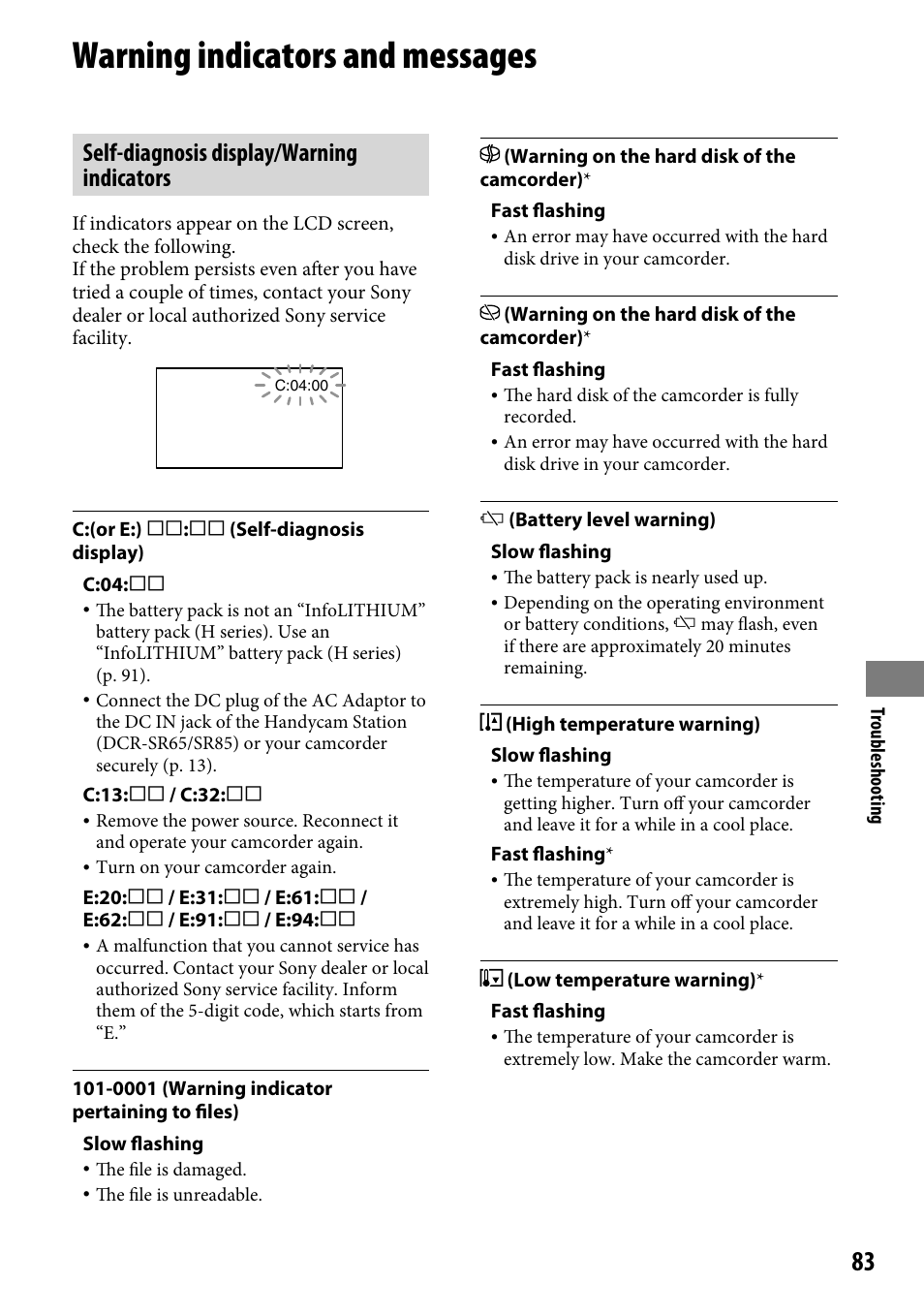 Warning indicators and messages, Self-diagnosis display/warning indicators | Sony DCR-SR46BDL User Manual | Page 83 / 108