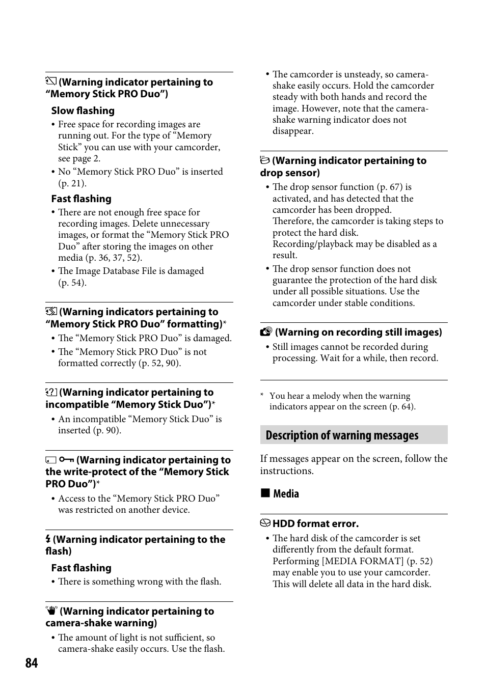 Description of warning messages, Media | Sony DCR-SR46BDL User Manual | Page 84 / 108