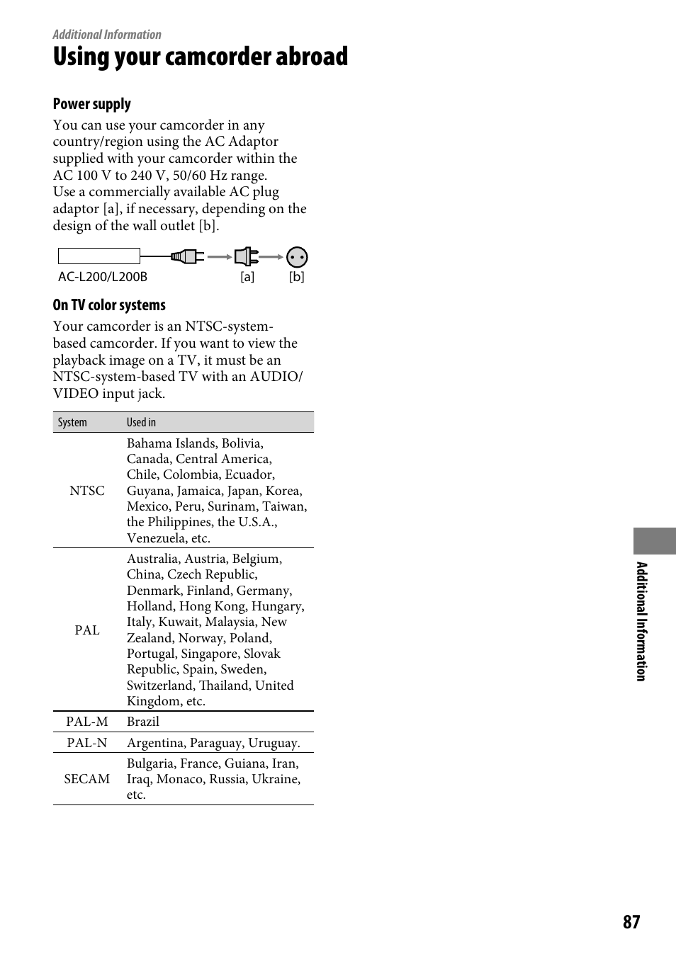 Additional information, Using your camcorder abroad | Sony DCR-SR46BDL User Manual | Page 87 / 108