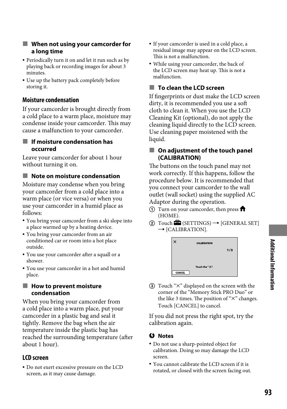 Moisture condensation, Lcd screen | Sony DCR-SR46BDL User Manual | Page 93 / 108