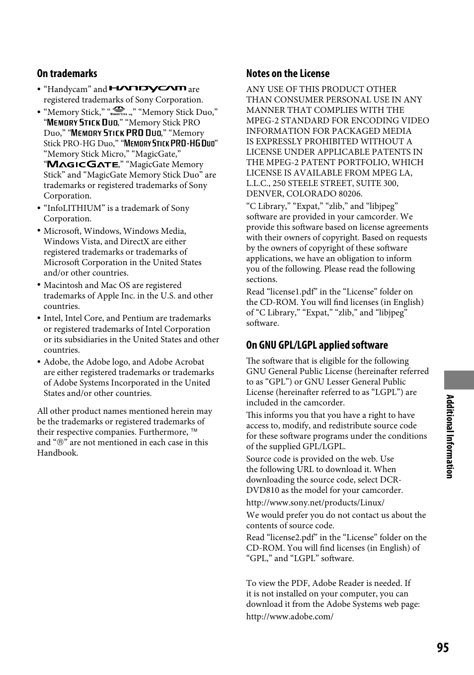 On trademarks, On gnu gpl/lgpl applied software | Sony DCR-SR46BDL User Manual | Page 95 / 108