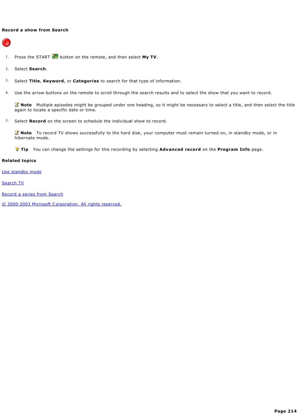 Record a show from search | Sony PCV-RZ45G User Manual | Page 214 / 459