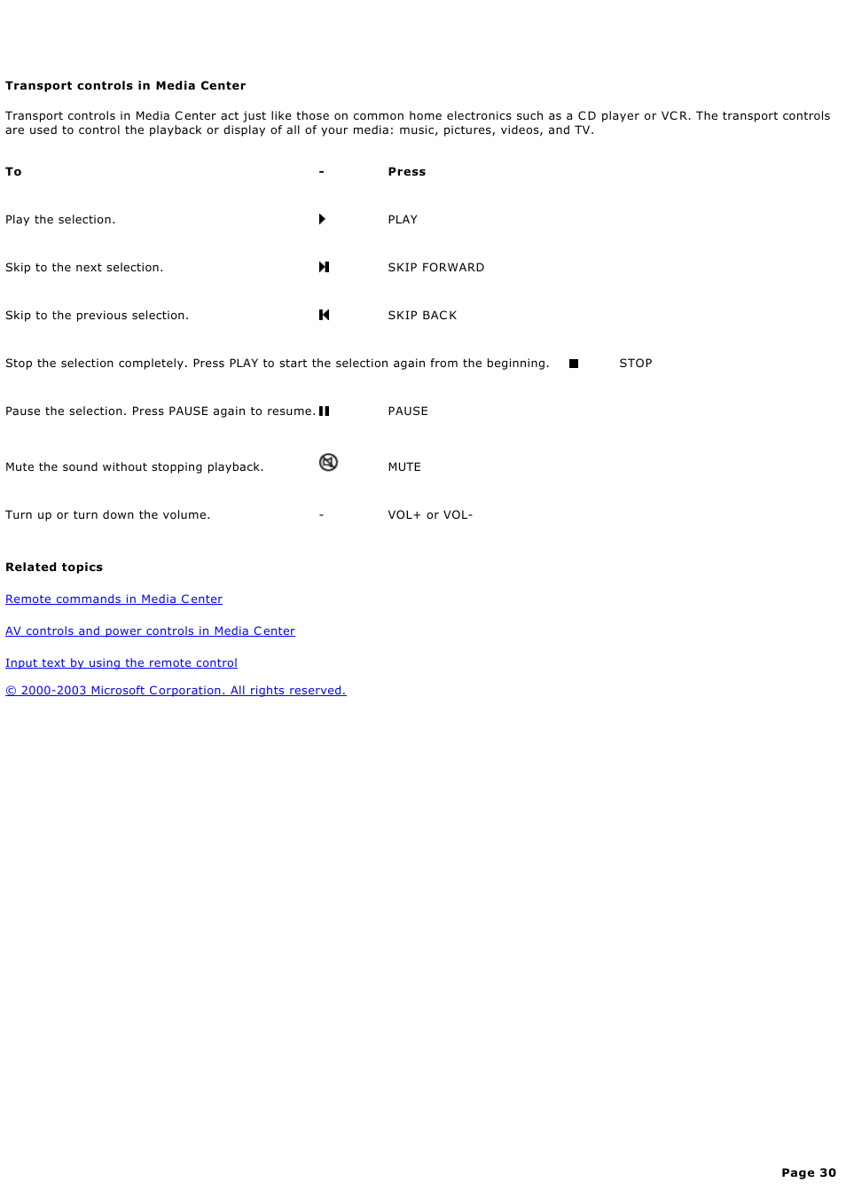 Transport controls in media center | Sony PCV-RZ45G User Manual | Page 30 / 459