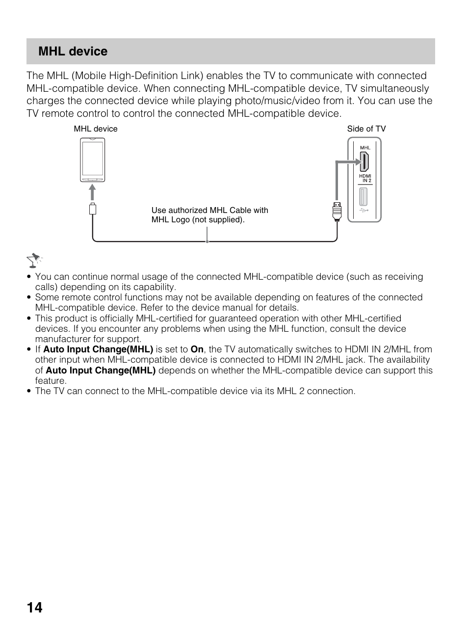Mhl device | Sony KDL-40R450A User Manual | Page 14 / 68