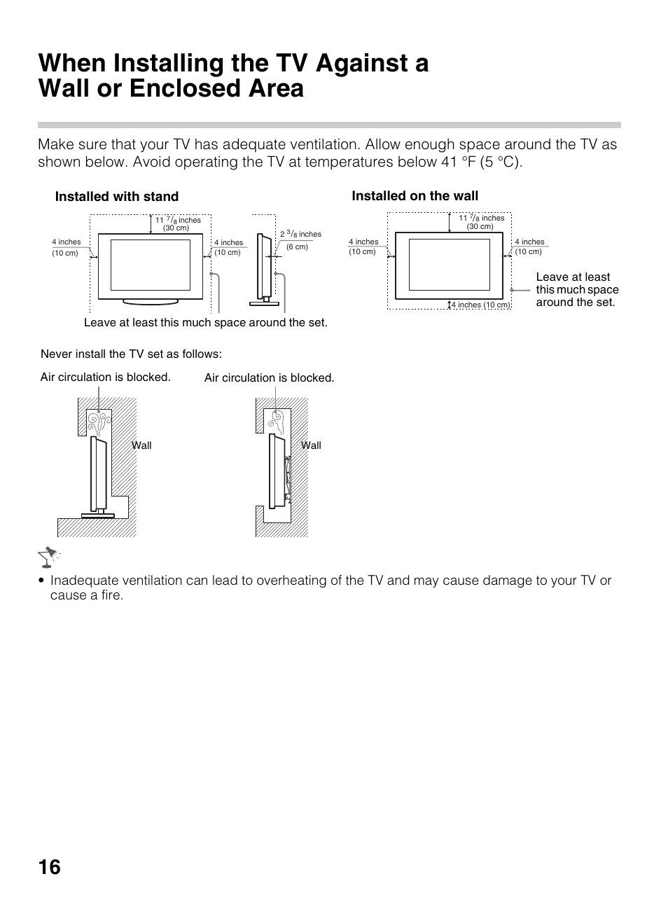 When installing the tv against a wall or, Enclosed area, Installed with stand | Installed on the wall | Sony KDL-40R450A User Manual | Page 16 / 68