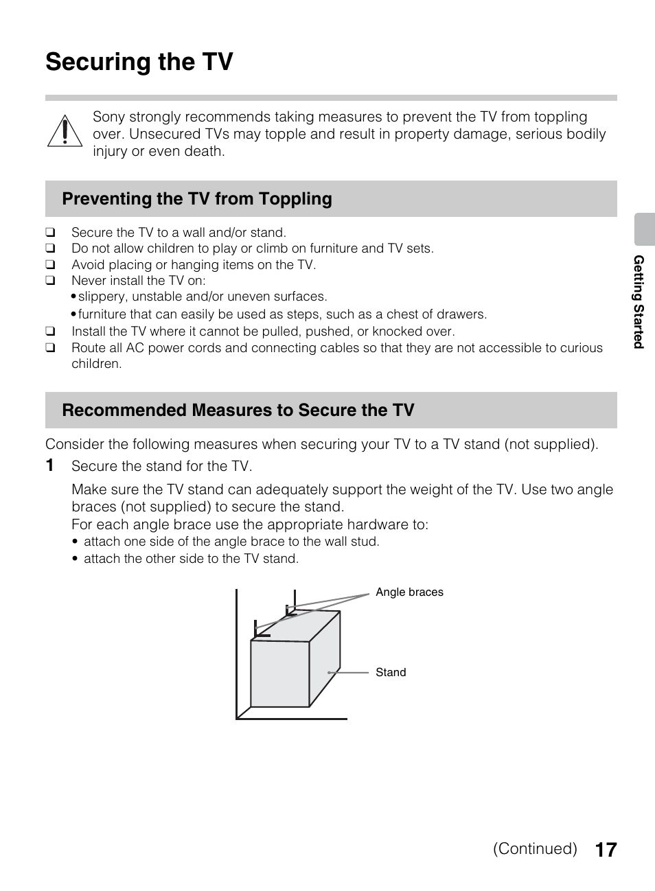 Securing the tv, Preventing the tv from toppling, Recommended measures to secure the tv | Sony KDL-40R450A User Manual | Page 17 / 68