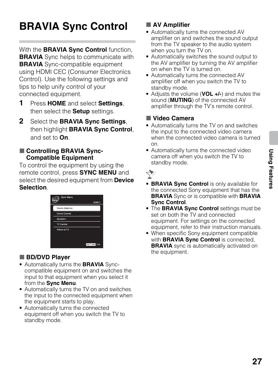 Using features, Bravia sync control | Sony KDL-40R450A User Manual | Page 27 / 68