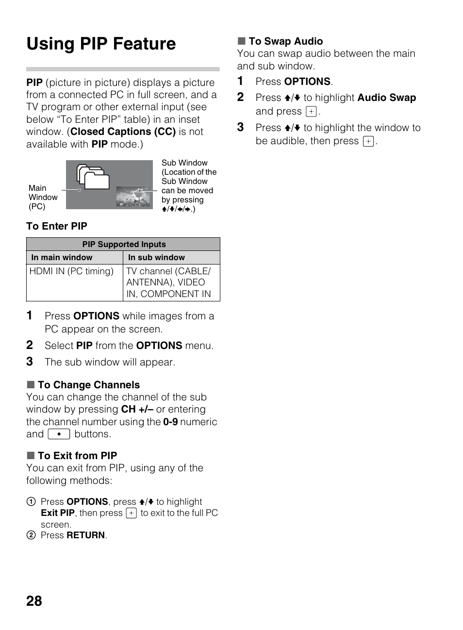 Using pip feature | Sony KDL-40R450A User Manual | Page 28 / 68
