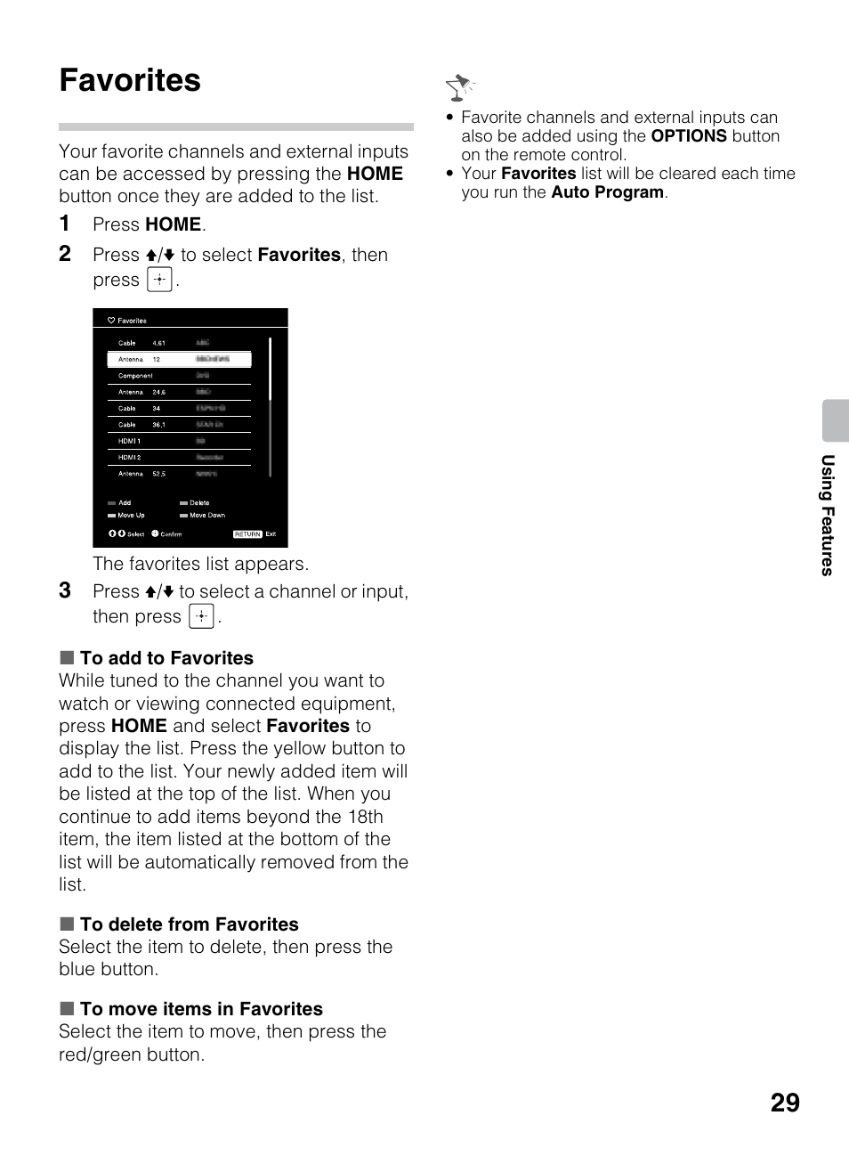 Favorites | Sony KDL-40R450A User Manual | Page 29 / 68