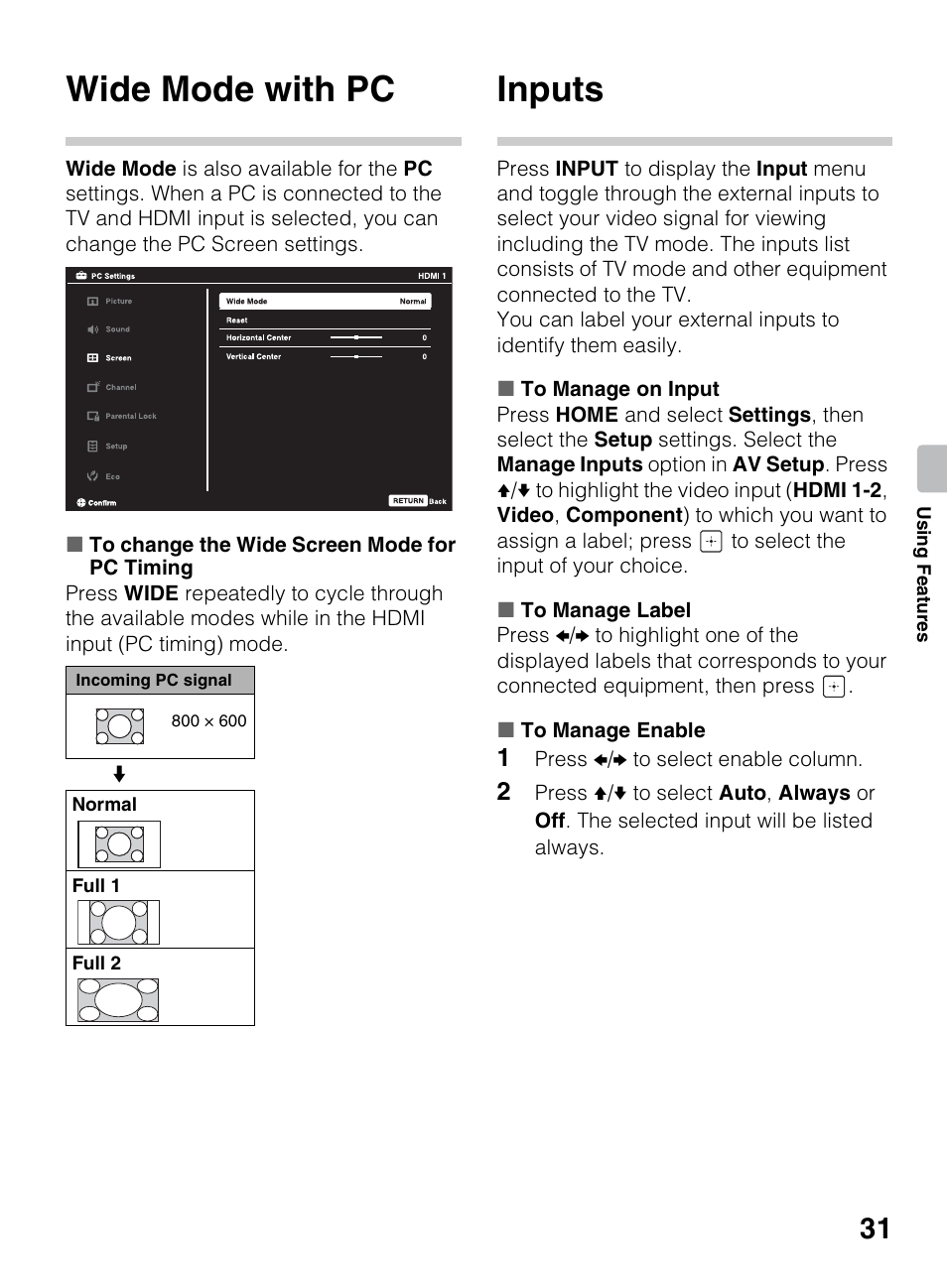 Wide mode with pc, Inputs | Sony KDL-40R450A User Manual | Page 31 / 68