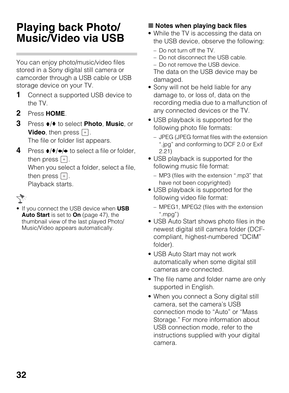 Playing back photo/music/video via usb, Playing back photo/ music/video via usb | Sony KDL-40R450A User Manual | Page 32 / 68