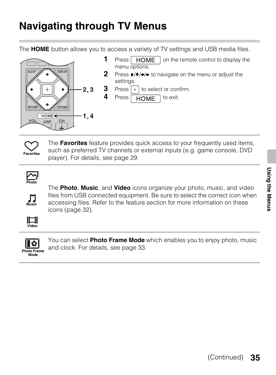 Using the menus, Navigating through tv menus | Sony KDL-40R450A User Manual | Page 35 / 68
