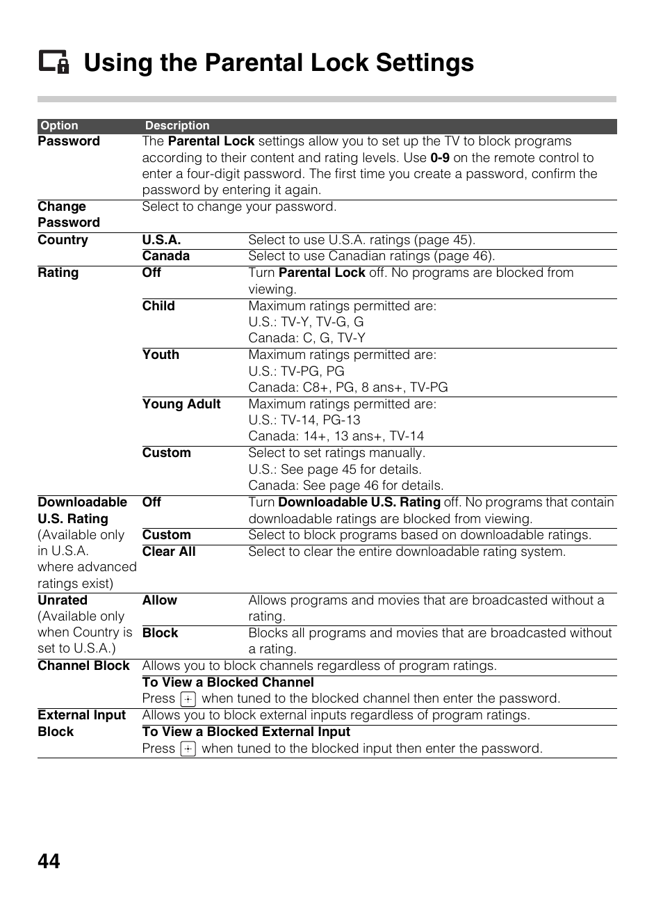 Using the parental lock settings | Sony KDL-40R450A User Manual | Page 44 / 68