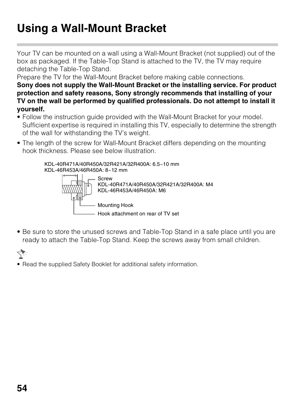 Using a wall-mount bracket | Sony KDL-40R450A User Manual | Page 54 / 68