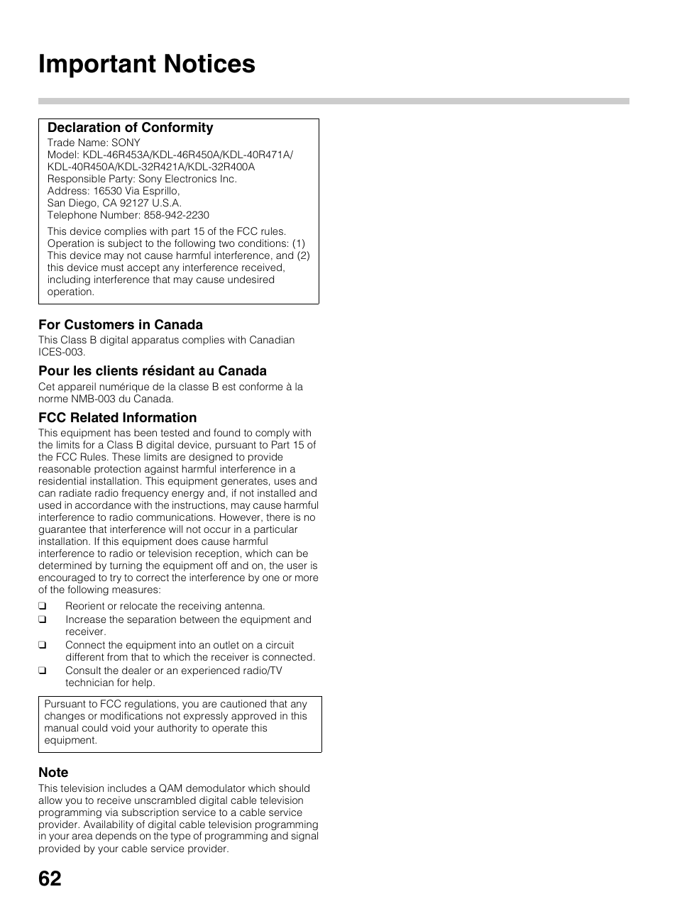 Important notices | Sony KDL-40R450A User Manual | Page 62 / 68