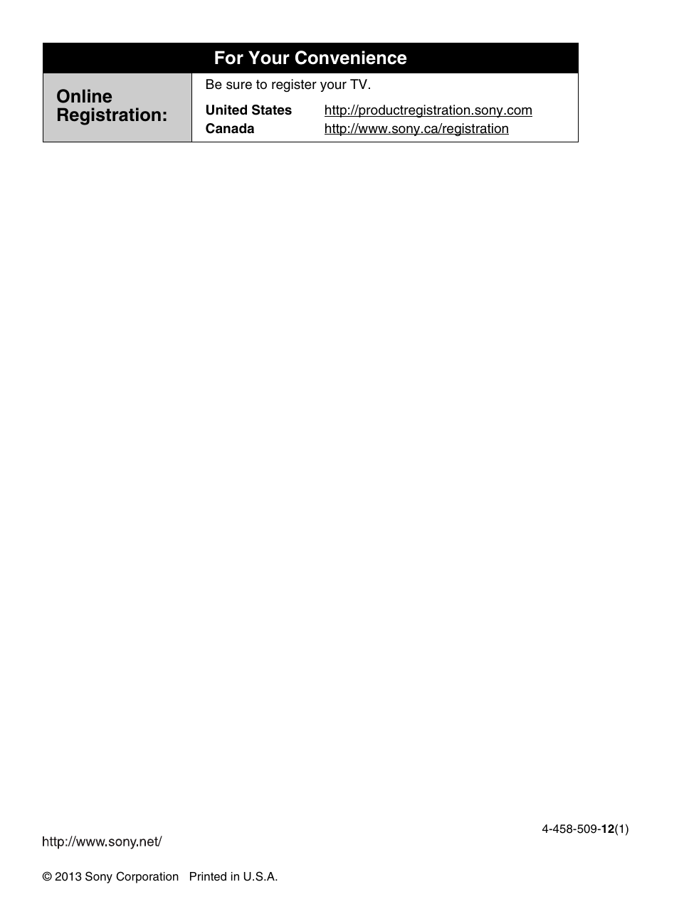 For your convenience online registration | Sony KDL-40R450A User Manual | Page 68 / 68