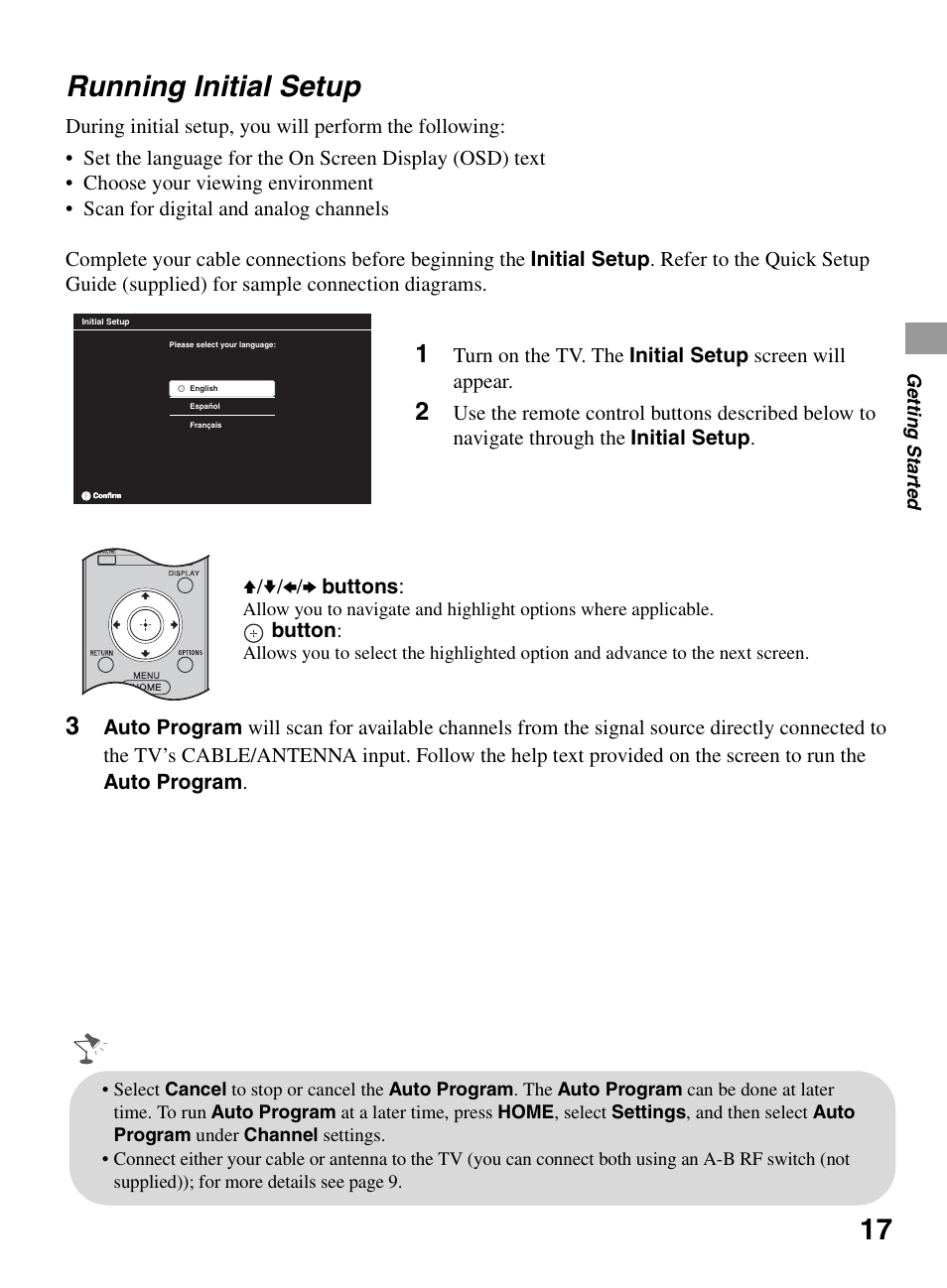 Running initial setup, Button | Sony KDL-55BX520 User Manual | Page 17 / 60