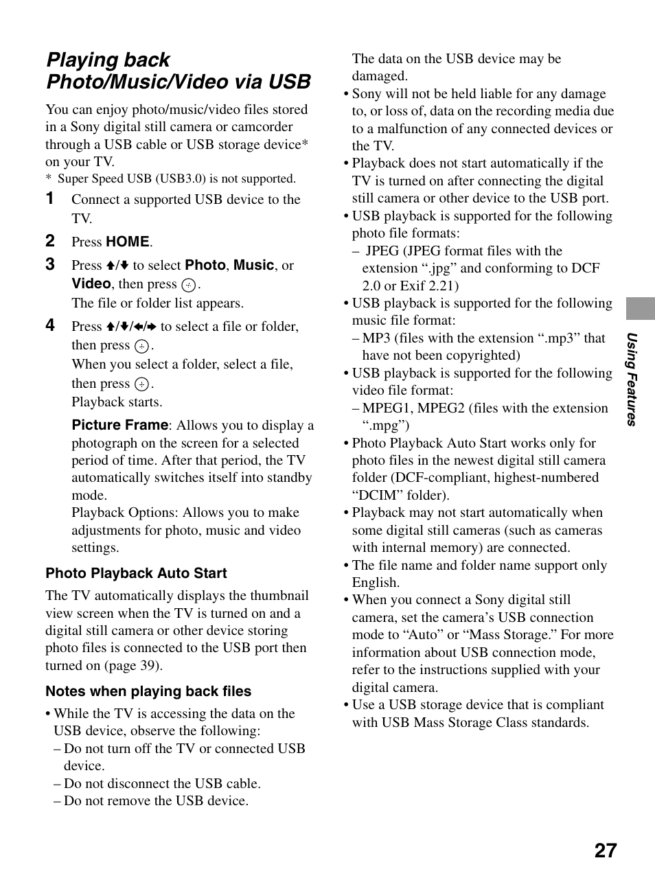 Playing back photo/music/video via usb, Playing back photo/music, Video via usb | Sony KDL-55BX520 User Manual | Page 27 / 60